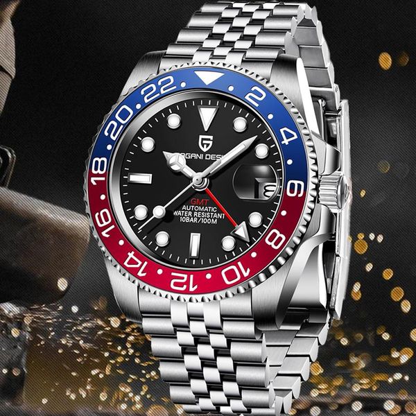 

wristwatches pagani design gmt ceramic bezel waterproof 100m diving watches mechanical sapphire automatic men watch full steel business, Slivery;brown