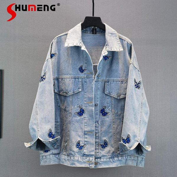 

2021 spring autumn ins european butterfly embroidered denim coat new plus size loose women jacket slimming fashion top, Black;brown