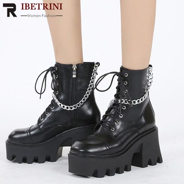 

boots female motorcycle ankle short women lace up metal chain design shoes round toe chunky heel platform woman brand, Black