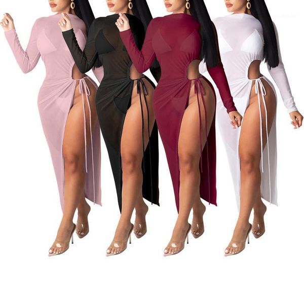 

casual dresses women mesh dress sheer see through long sleeve tie knot cut out maxi hollow slim-fit skirt summer 2021, Black;gray