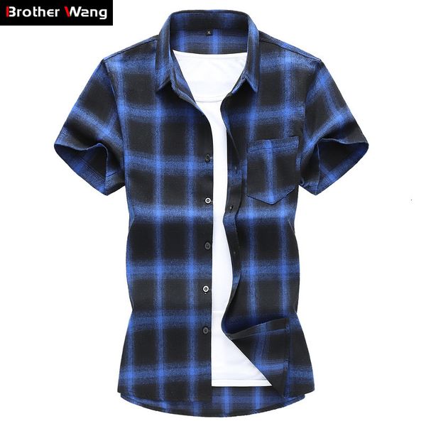 

2021 plus size 5xl 6xl 7xl summer new men's short sleeve plaid fashion casual shirt male brand clothes zq5a, White;black