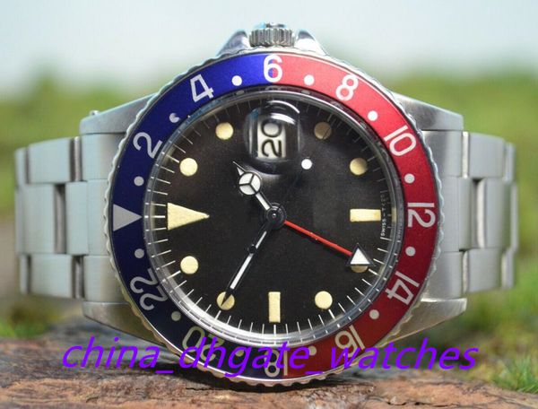 

men watch 40mm vintage gmt 1675 pepsi red blue two-tones asia sapphire 2813 mechanical automatic mens steel watches, Slivery;brown