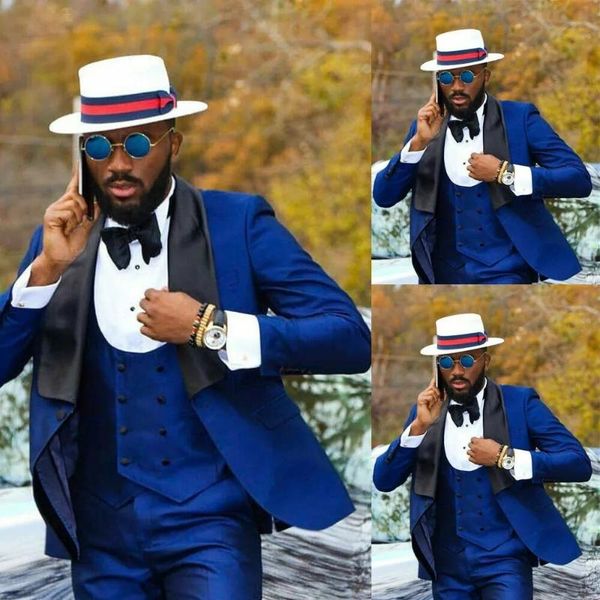 

royal blue men suit slim fit wedding groom black shawl lapel tuxedos blazer double breasted vest 3 pcs costume homme marriage, White;black