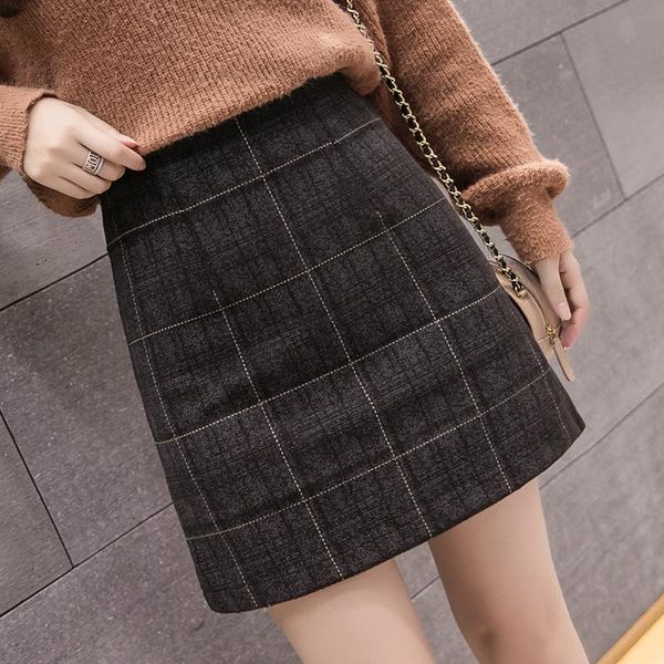 

skirts 2021 autumn woolen plaid womens korean style high waist a-line mini skirt casual winter wool jupe femme, Black