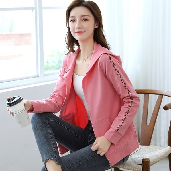 

hooded embroidered short coat women's spring and autumn 2021 new loose solid color cardigan sweater pink hoodie, Black