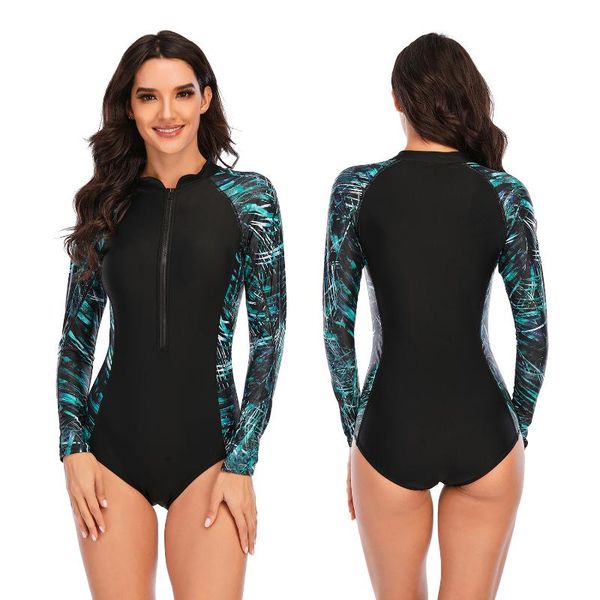 

one-piece suits one piece swimsuit 2021 rashguard long sleeve surf swimwear women print bathing beach wear swimming suit monokini bodys