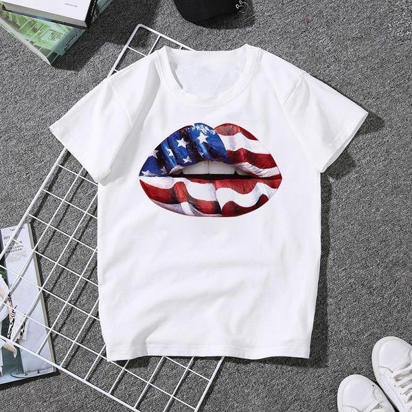 

funny women t shirts summer short sleeve casual white female t-shirts american flag print lip graphic tee