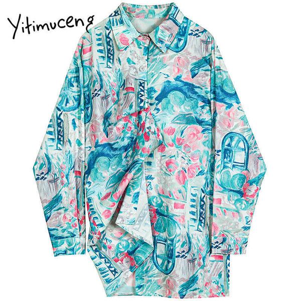 

yitimuceng vintage print blouse women button up shirt loose spring turn-down collar long sleeve office lady casual 210601, White