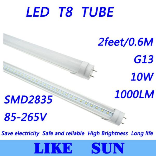 

bulbs 100pcs/lot t8 2feet 600mm 10w smd2835 g13 1000lm 85-265v warm white/cool white led tube light