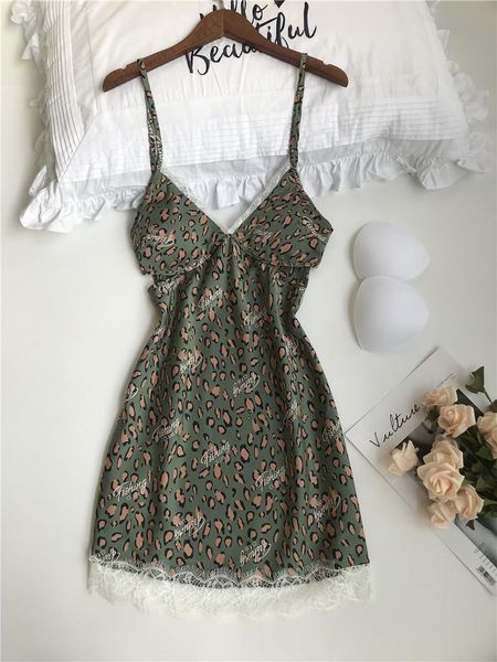 

new sleepwear sleepdress deep v lace lingerie faux silk night dress women spaghetti strap nightgown leopard print homewear, Black;red