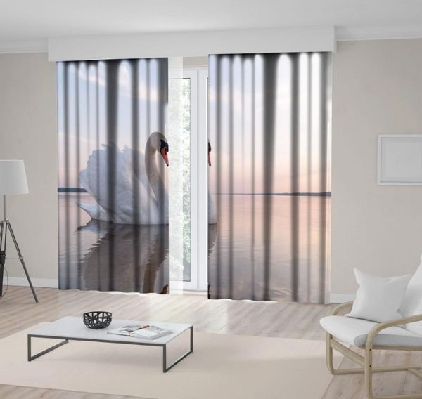 

curtain & drapes on swan lake waterscape with bird and reflection peaceful summer morning nature po beige gray white