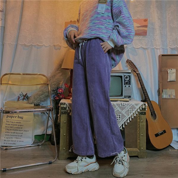 

2021 women corduroy oversized straight sweatpants winter baggy beam feet waist pants trousers teens cqt1, Black;white