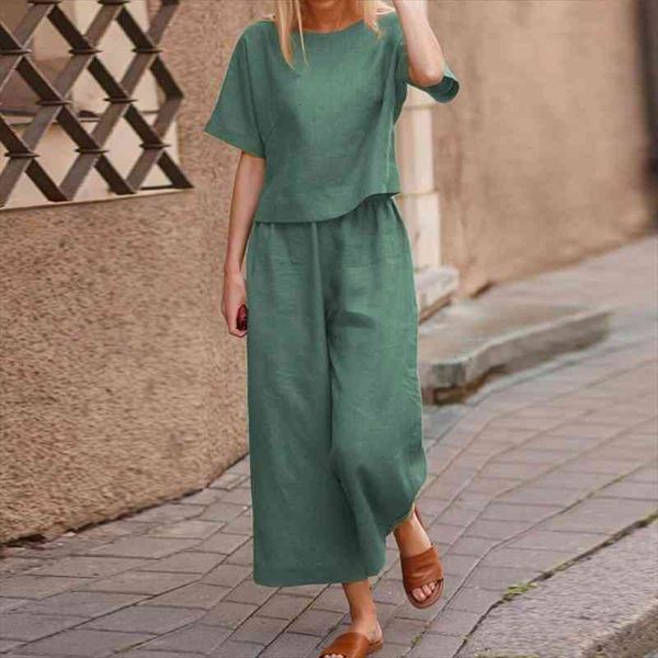 

summer casual cotton linen womenpant two piece set fashion o neck short sleeve wide leg pants suits solid outfits, White