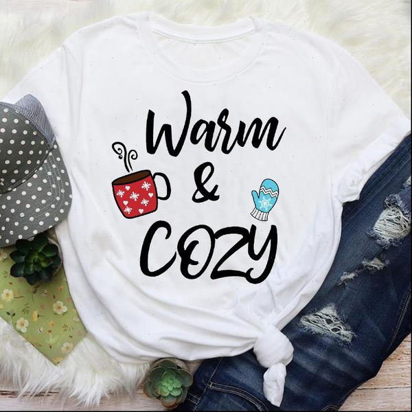 

women womens cartoon coffee letter winter holiday fashion merry christmas graphic tees clothes print lady female t shirt, White