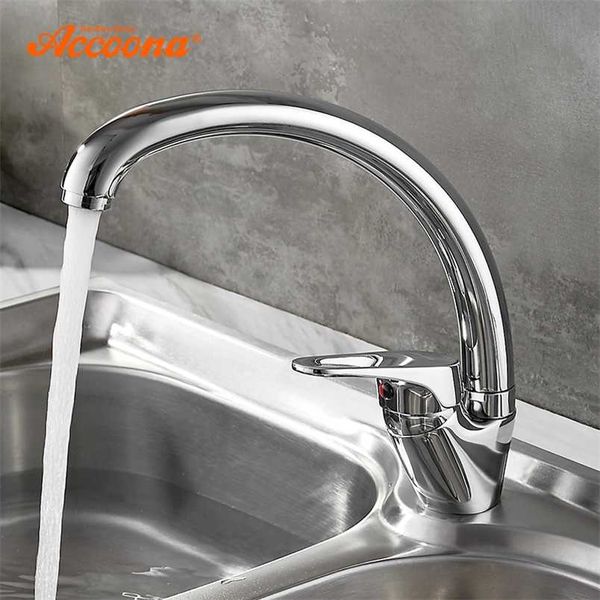 Accoona Chrome Rubinetto da cucina Finitura Ottone Water Power Girevole Beccuccio per lavabo Rubinetto monocomando Un foro A5009 A5050 A5052 211108