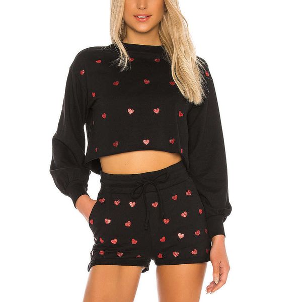 

women's two piece pants heart-shaped black print crop sweatsuit pieces thin string outfits autumn casual girls fashion sets 1lm2, White