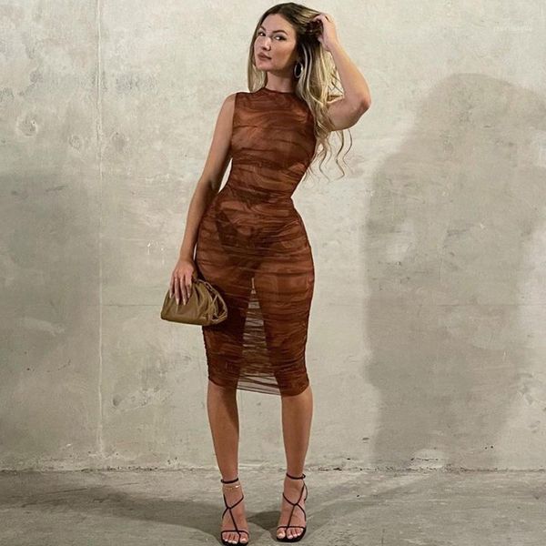 

casual dresses mesh see through stacked slim dress summer women sleeveless skinny ruched maxi bodycon 2021 fashion party clubwear outfi, Black;gray