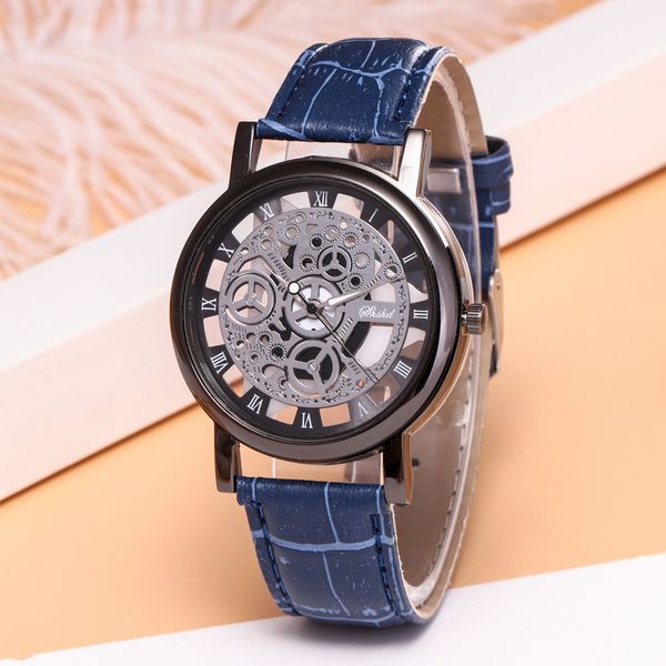 

casual fashion hollow leather strap business men's quartz watch, Slivery;brown