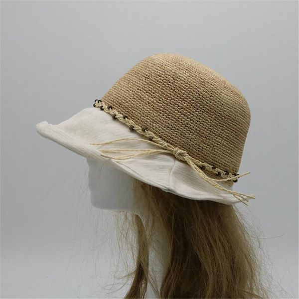 

wide brim hats 202106-xinghui grace raffia grass patchwork cloth sunshade leisure lady bucket cap women fishermen hat, Blue;gray