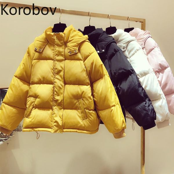 

korobov 2021 new winter solid short thick women parkas korean long sleeve jackets femme harajuku pockets hooded coats 79028, Black
