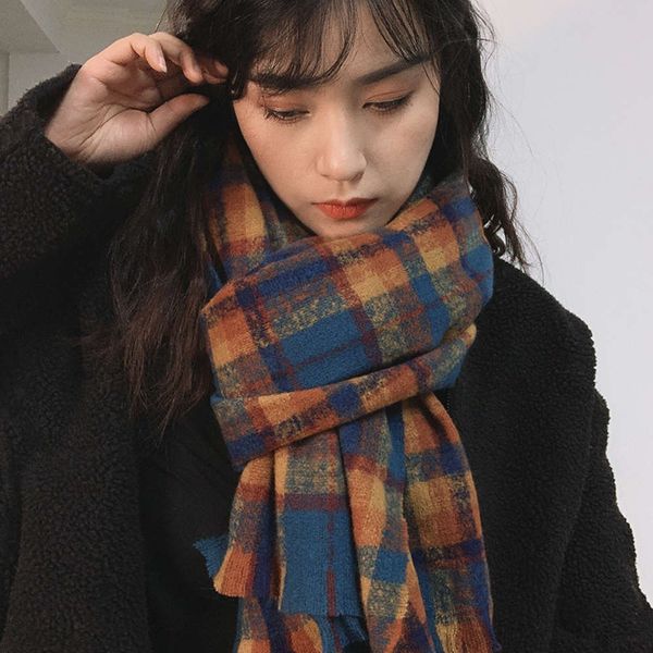 

autumn and winter colorful plaid color matching tassel thickened warm women's scarf shawl, Blue;gray