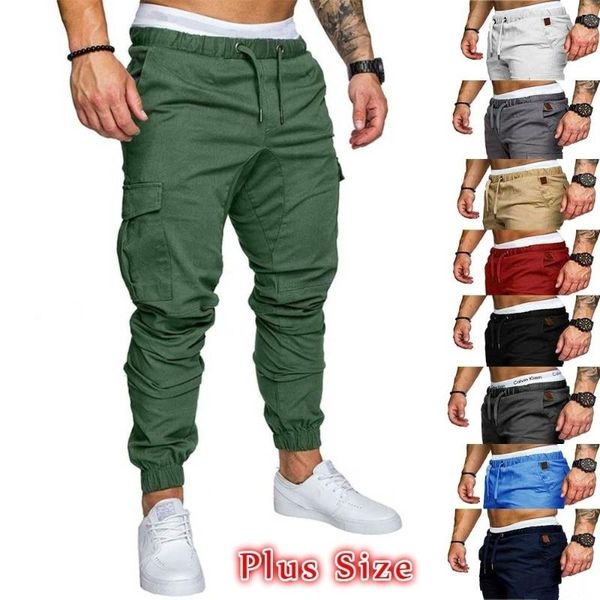 

men's pants casual solid color multi pocket cargo slim fit hip hop sports jogging with drawstring, Black