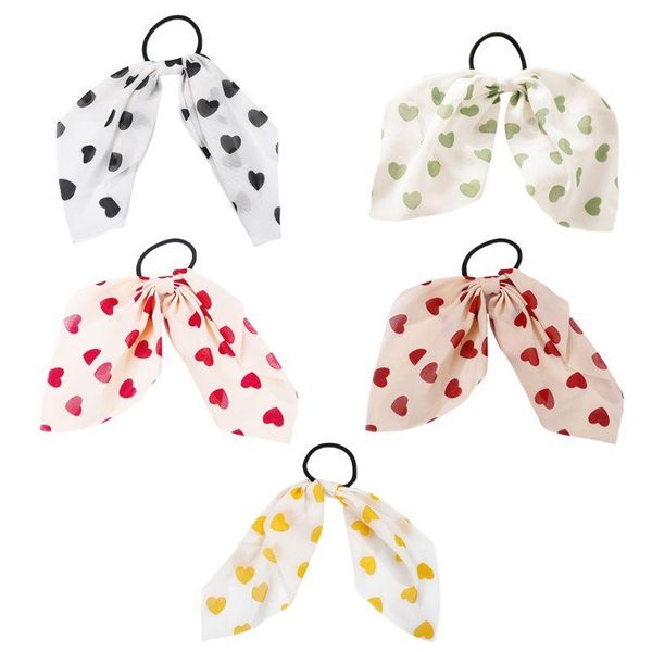

female chiffon elastic hair ties cute peach heart printed long ribbon rubber bands bowknot decorative ponytail holder, Slivery;white