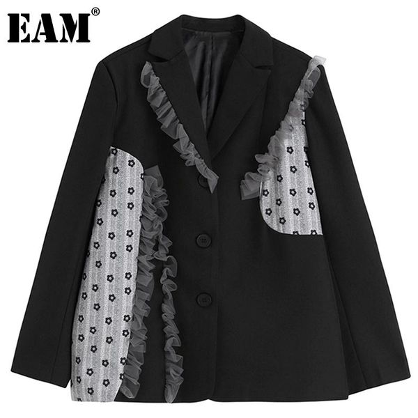 

eam] women big size ruffles pattern blazer new notched collar long sleeve loose fit jacket fashion spring autumn 2021 1dd3911, White;black