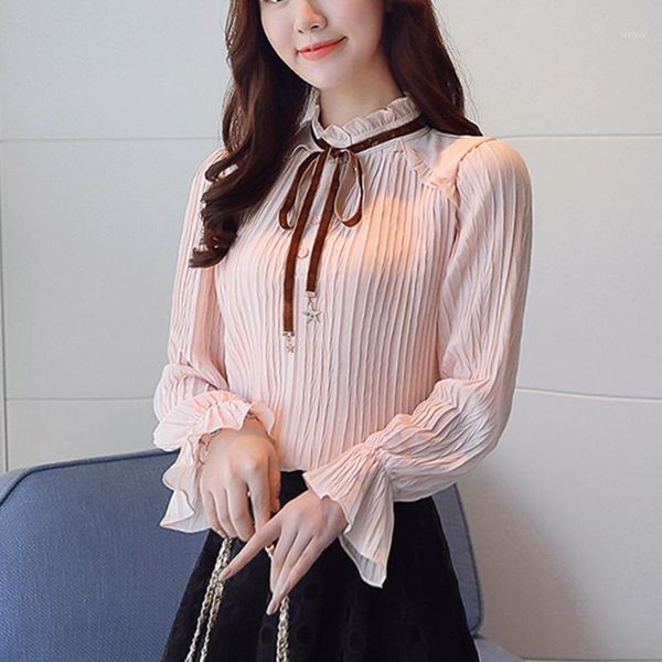 Frühling Herbst Chiffon Bluse Frauen Fliege Rüschen Plissee Schmetterling Hülse Hemd Tops Casual Büro Dame frauen Blusen Shirts