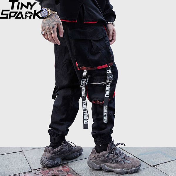 

men hip cargo pants streetwear harajuku joggers pants tactical zipper pockets hiphop swag ribbon harem pants track trousers 210616, Black