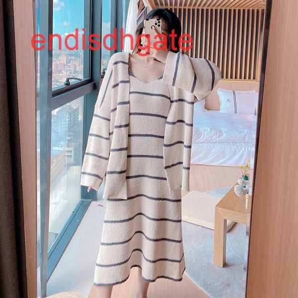 

piece soft pajamas women's autumn winter two warm and thickened cardigan knitting home clothes, Black;white