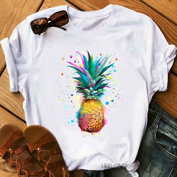 

watercolor pineapple print cute girls women t shirt white short sleeve round neck female shirts tee