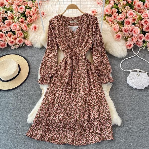 

casual dresses uulutonica autumn women elegant fashion a-line print full belt mid-calf puff sleeve empire v-neck dress, Black;gray