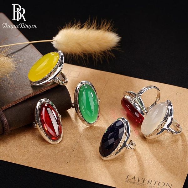 Anelli a grappolo Bague Ringen Classic Vintage S925 Anello per donna 100% argento massiccio 925 Gioielli Pietre preziose naturali Granato Rubino Ossidiana Calcedonia