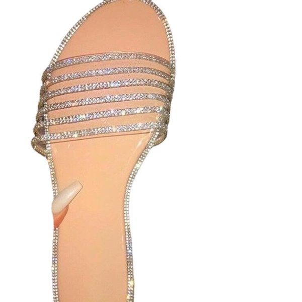 

slippers 2021 summer women's flat rhinestone beach fashion, Black