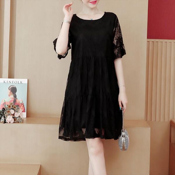 

plus size black lace dress women camis summer elegant fashion short sleeve ruffles empire waist oversize midi office lady dresses, White