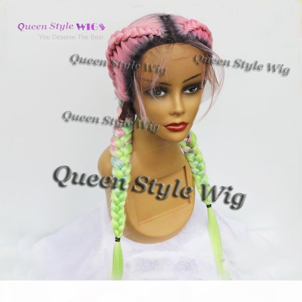 

actual picture show celebrity kylie jenner double dutch braids hairstyle wig rainbow color twin braids lace front full lace wigs, Black