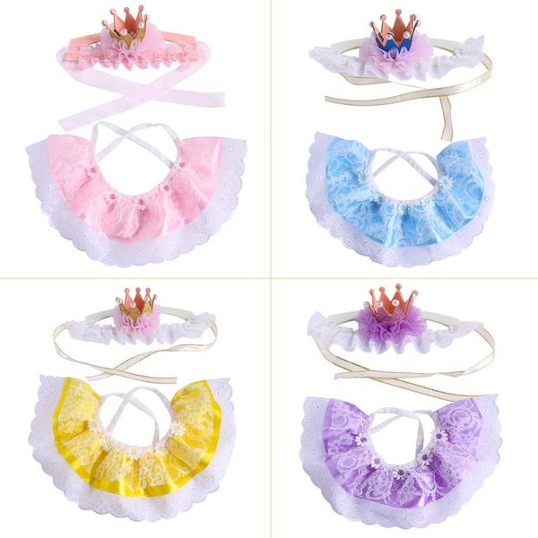 

cat collars & leads pet birthday bib party outfits supplies crown hat lace saliva towel set for puppy