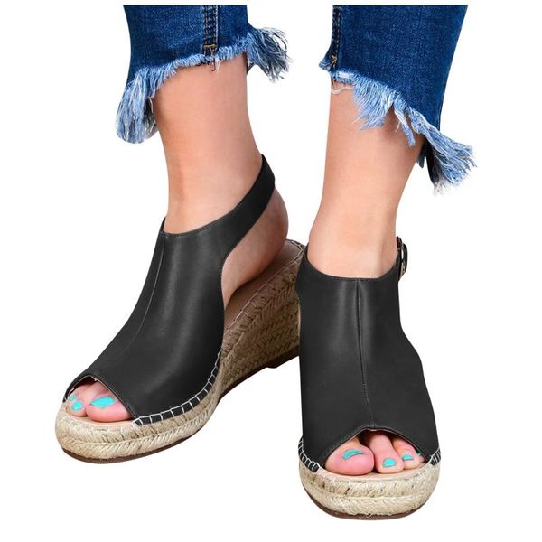

dress shoes summer sandals platform wedges slippers women fashion high heels peep toe cane straw weave large size sandales female 2021, Black