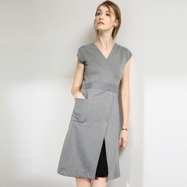 

2021 new a-line office lady elegant fashion women v-neck empire sleeveless summer skirt tail split design grey es k4q2, Black;gray