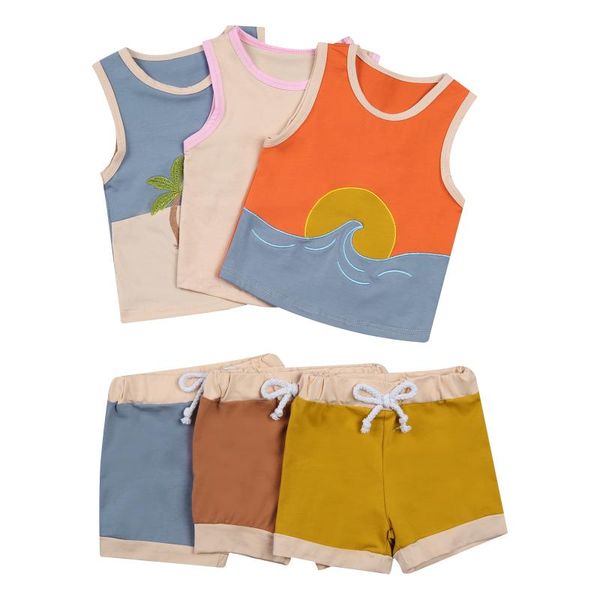 

clothing sets 2pcs summer children's kids clothes set cute cartoon vest tank +waist elastic lace up shorts baby boys girls beachwear, White