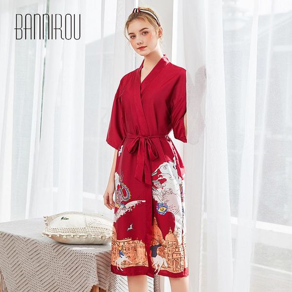 

women's sleepwear printing robes women silk bathrobe summer for drop robe woman thin 2021 bannirou, Black;red