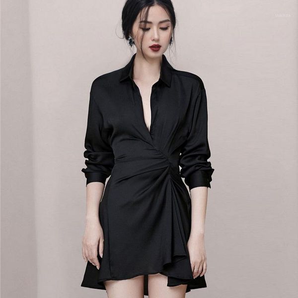

casual dresses vintage silky shirt dress irregular design wrinkled long sleeve short office lady elegant vestidos, Black;gray