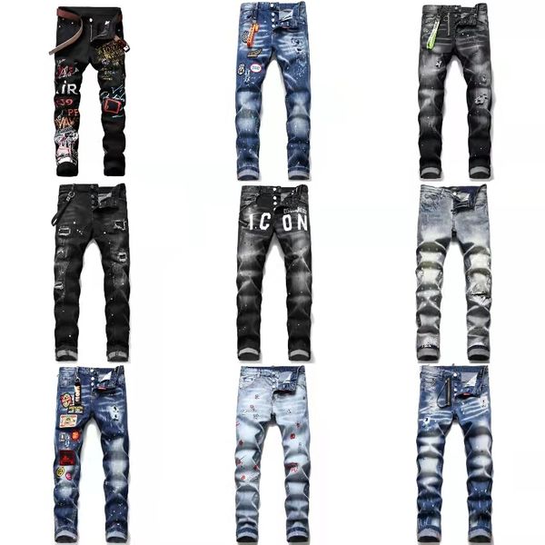 

new summer european and american graffiti hole jeans for men fashion casual micro stretch jeans mens small leg straight jeans designer, Blue