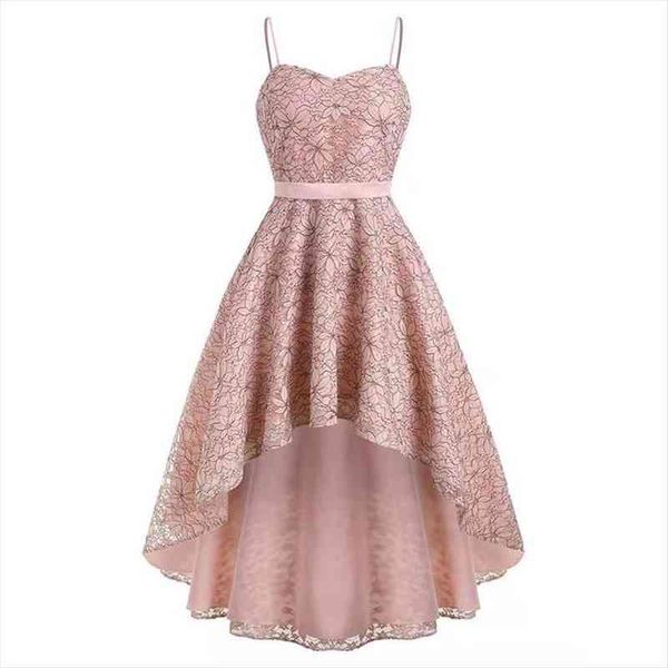 

two tone floral lace women dresses retro front short and back long sling dress spaghetti strap elegant ladies sweet party, Black;gray