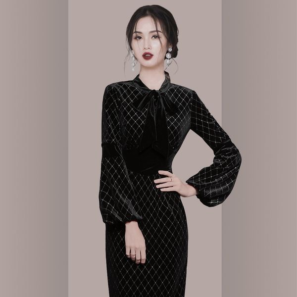 

spring black autumn velvet winter upper waist thin midi plaid retro sheath dress ta3228 el2b, Black;gray