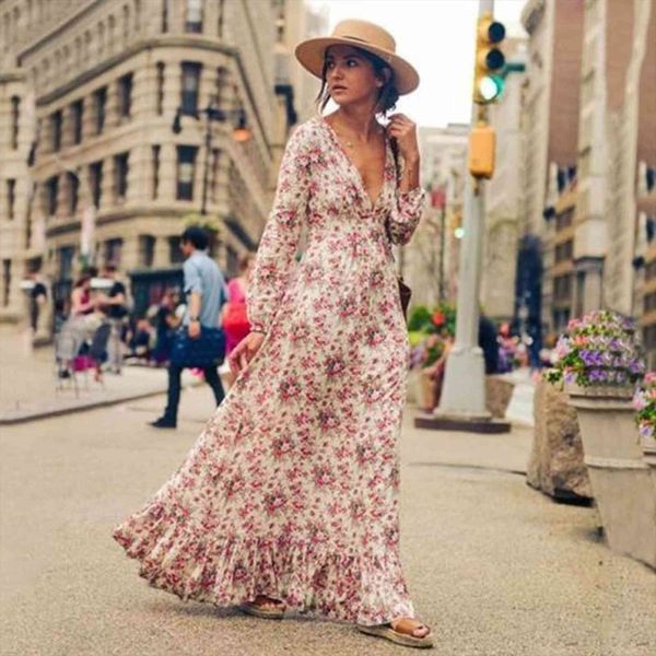 

hippie floral print maxi spring womens dress long sleeve vintage deep v neck vestidos beach casual wear boho, Black;gray