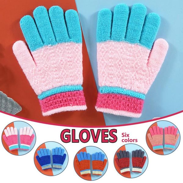 

five fingers gloves warm kids cute winter cashmere color printed knitted flip mittens women' female, Blue;gray