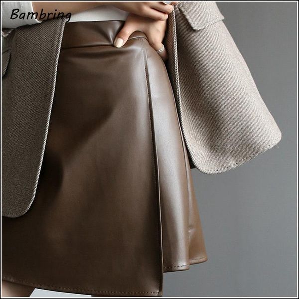 

spring vintage brown faux leather skirt women fashion high waist a-line mini skirt black office lady elegant pu skirts autumn