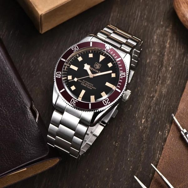 

wristwatches benyar 2021 dress business men watch mechanical 50m waterproof luminous hands stainless steel luxury sport wristwatch, Slivery;brown